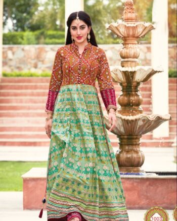 Green Printed Anarkali Kurti with Maroon Ethnic Yoke and Flared Hem