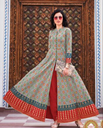 Grey Multicolor Printed Long Kurti with Ethnic Borders