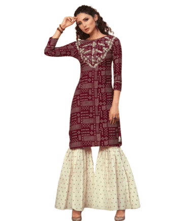 Maroon Printed Kurta with Cream Flared Sharara