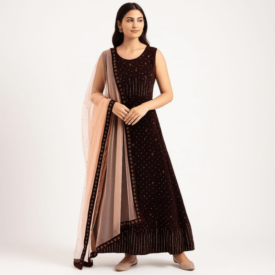 Maroon Velvet Party Wear Anarkali Gown with Peach Dupatta & Cancan
