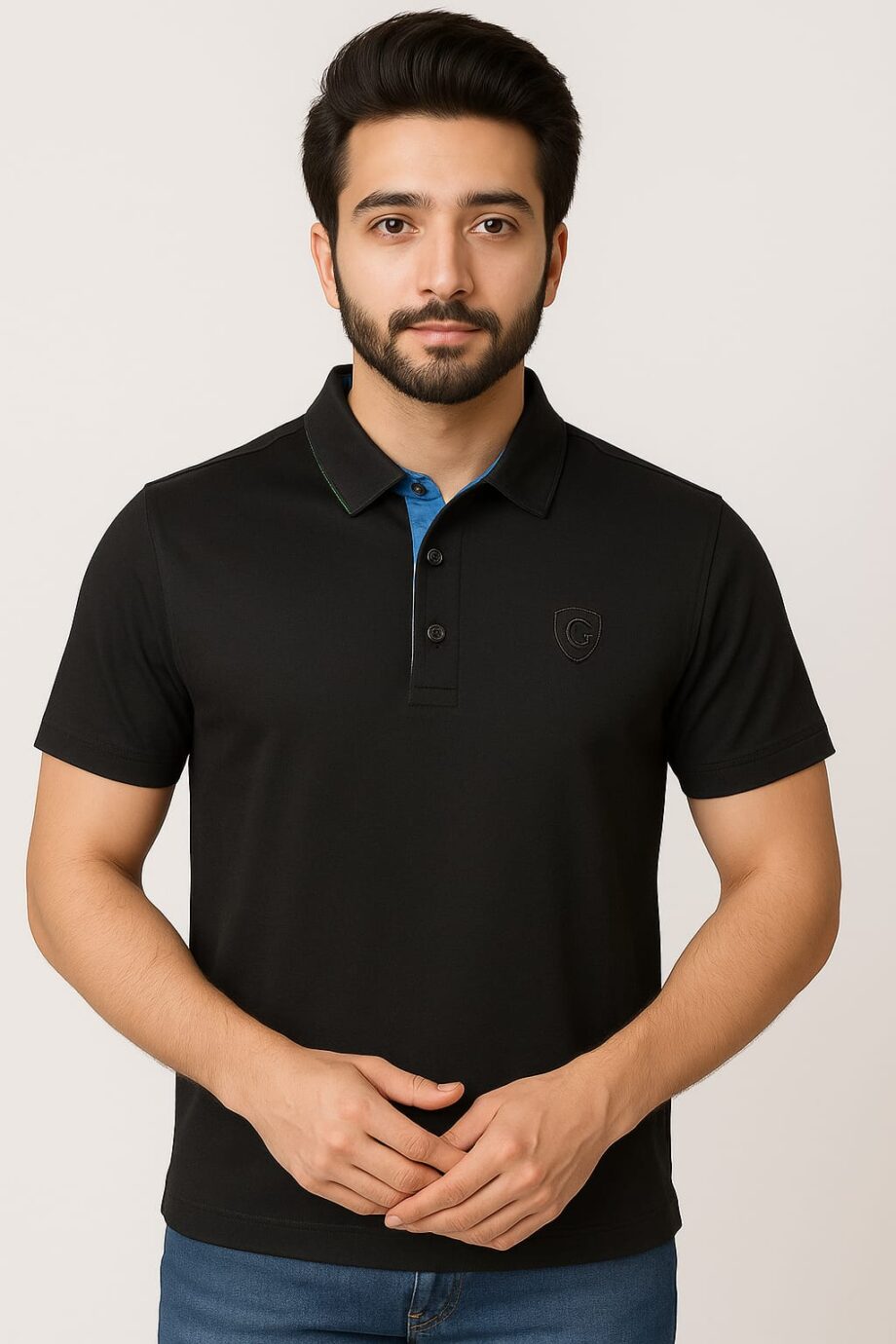 Men's Black Polo T-Shirt with Contrast Placket