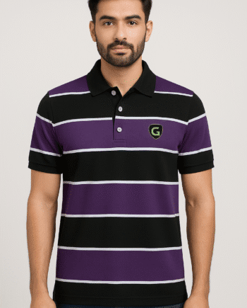 Men's Black and Purple Striped Cotton Polo T-Shirt