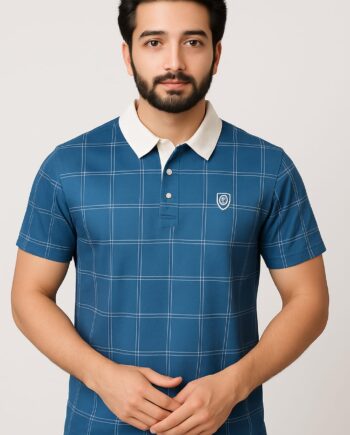 Men's Blue Checked Polo T-Shirt with White Collar