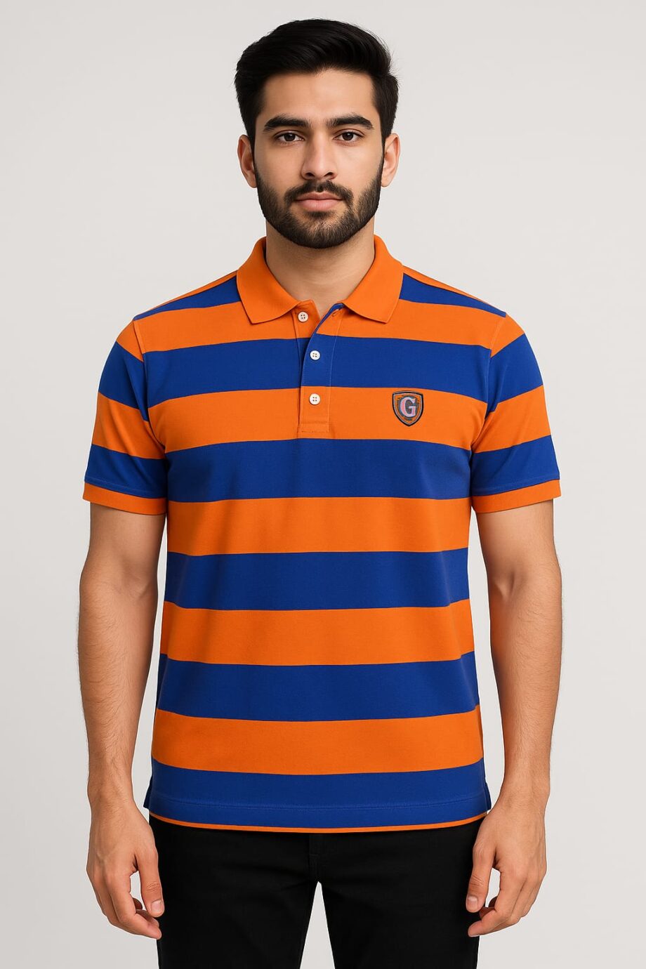 Men’s Bold Orange & Royal Blue Striped Polo T-shirt