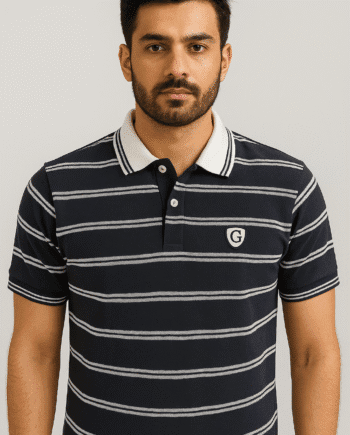 Men’s Navy Blue Striped Cotton Polo Shirt