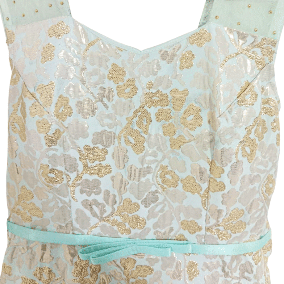 Mint Green Floral Jacquard Gown with Lace-up Back