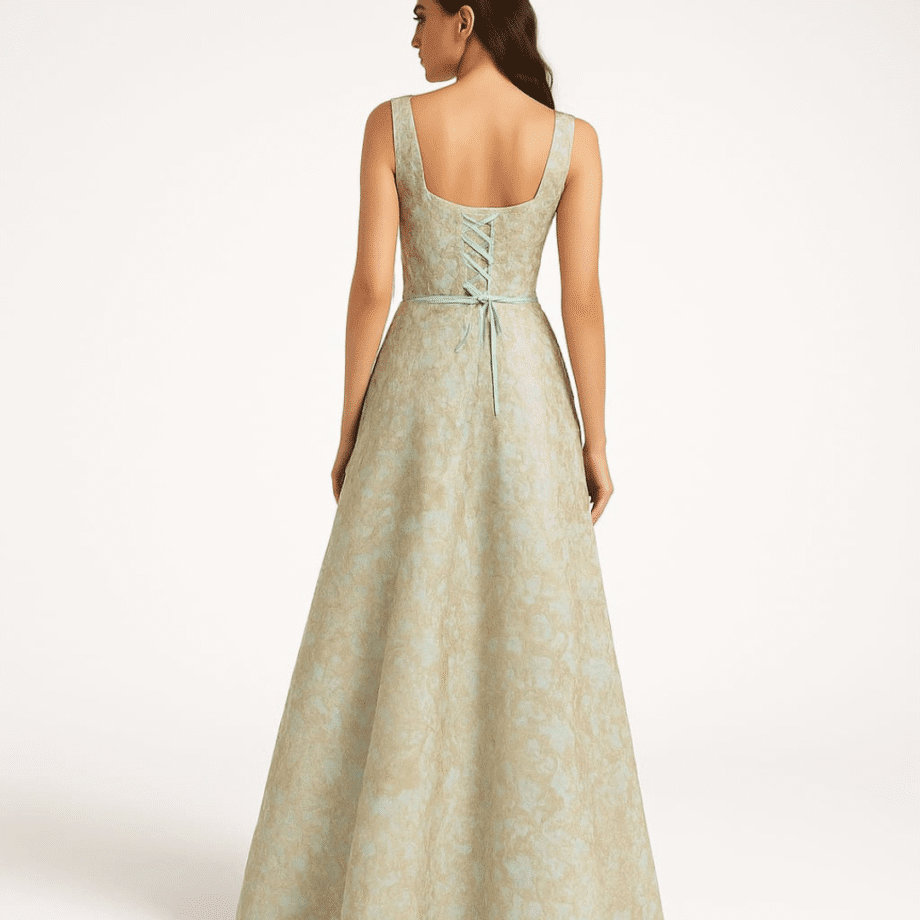 Mint Green Floral Jacquard Gown with Lace-up Back