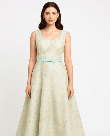 Mint Green Floral Jacquard Gown with Lace-up Back
