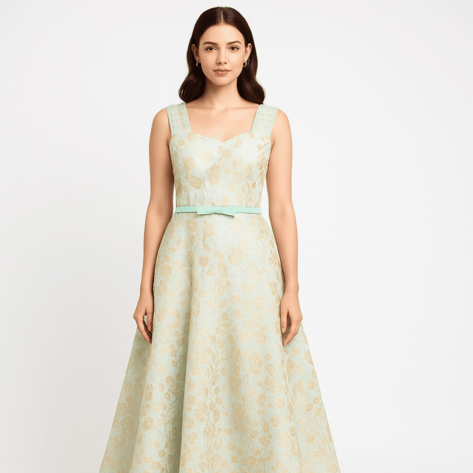 Mint Green Floral Jacquard Gown with Lace-up Back