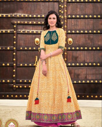 Mustard Yellow Printed Anarkali Kurti with Green Yoke and Pink Border