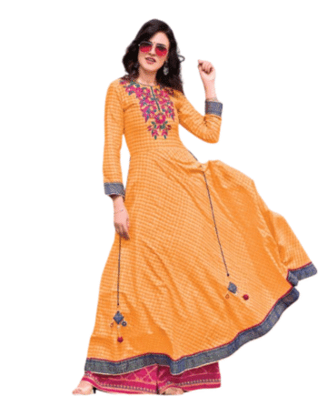 Orange Anarkali Kurti with Multicolor Embroidery & Blue Border