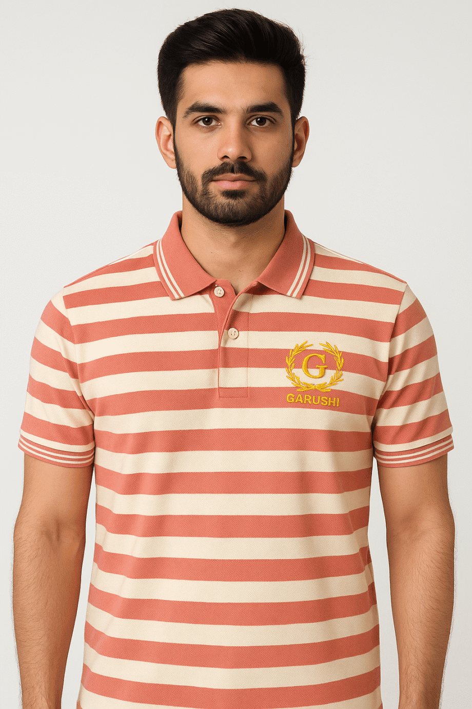 Peach & Cream Striped Polo T-Shirt for Men – GARUSHI