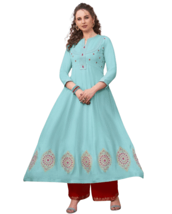 Sky Blue Anarkali Kurta with Red Embroidered Pant
