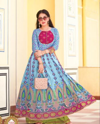 Sky Blue Printed Long Kurti with Contrast Maroon Yoke and Flared Hem