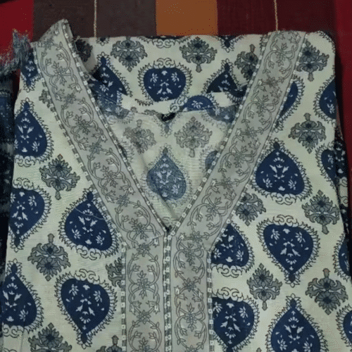 Blue & White Printed Cotton Kurti Set with Pant & Dupatta photo review