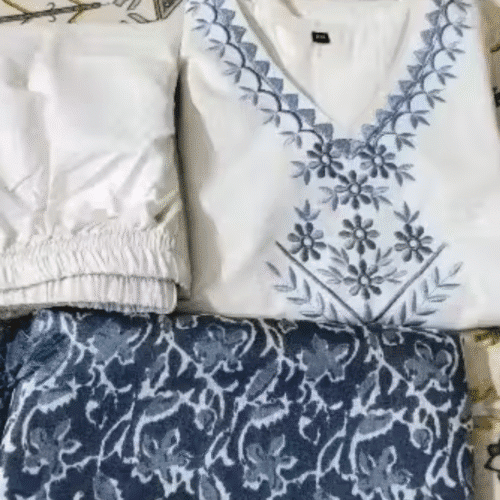 White Kurti with Blue Embroidery & Printed Dupatta Set photo review