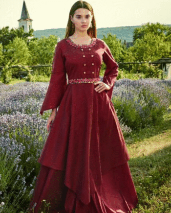 Designer Maroon Embroidered Layered Long Gown