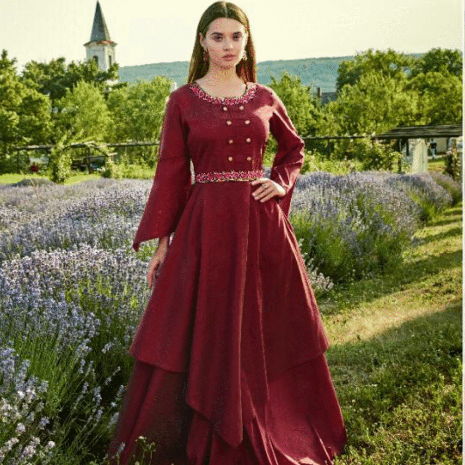 Designer Maroon Embroidered Layered Long Gown