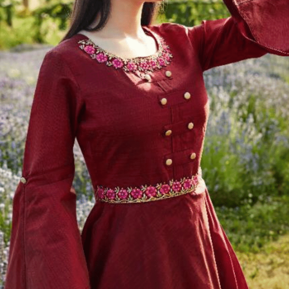 Designer Maroon Embroidered Layered Long Gown