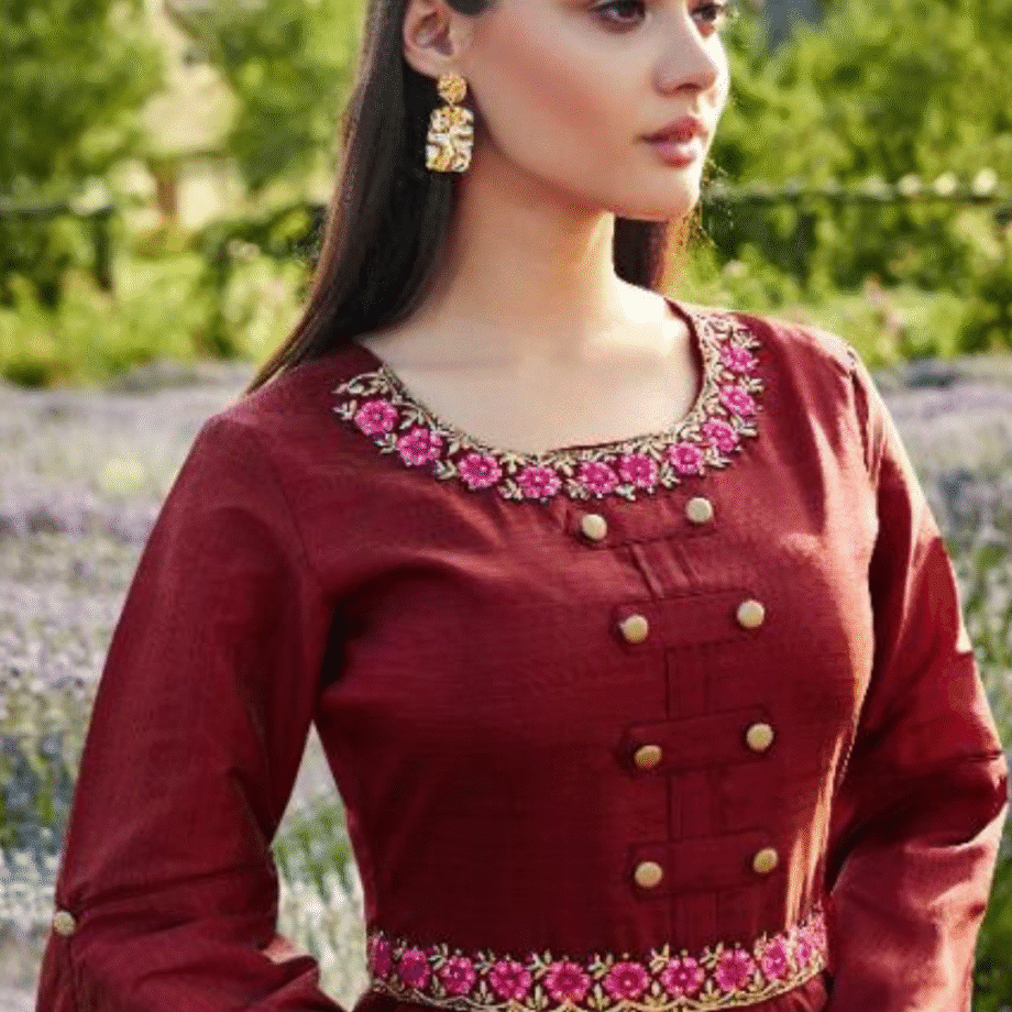 Designer Maroon Embroidered Layered Long Gown