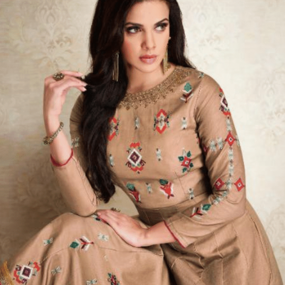 Elegant Beige Silk Anarkali Gown with Multicolor Embroidery