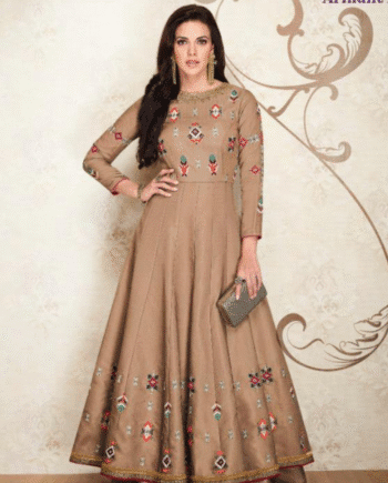 Elegant Beige Silk Anarkali Gown with Multicolor Embroidery