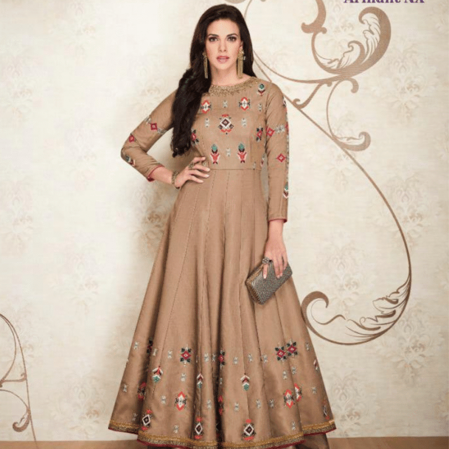 Elegant Beige Silk Anarkali Gown with Multicolor Embroidery