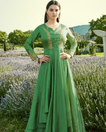 Elegant Green Anarkali Gown with Golden Embroidery
