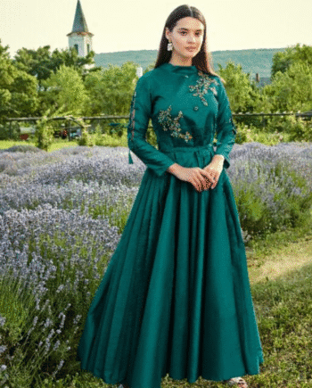 Elegant Teal Green Embroidered Long Gown