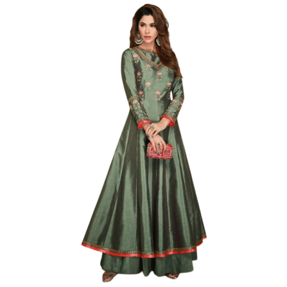 Elegant Teal Green Embroidered Long Gown for Women