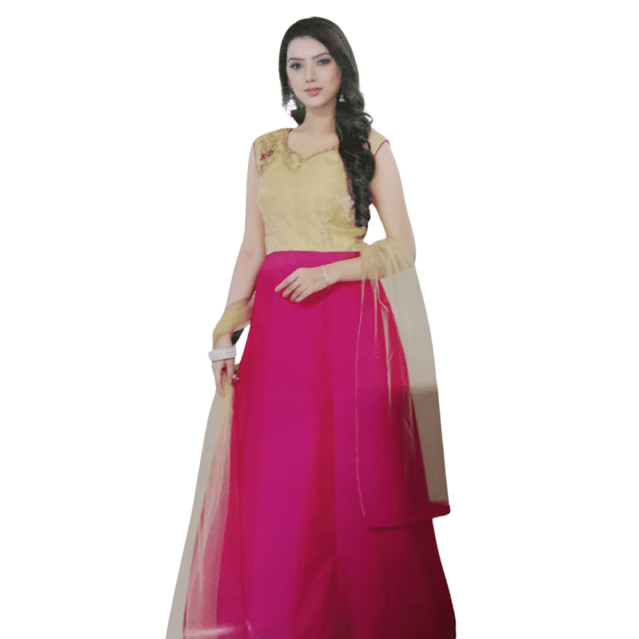 Golden & Pink Party Wear Gown with Dupatta & Leggings
