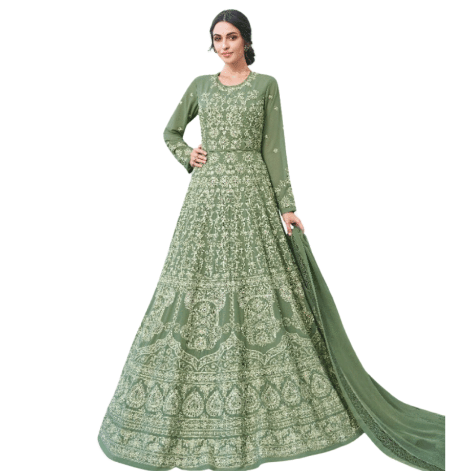 Green Designer Embroidered Anarkali Gown