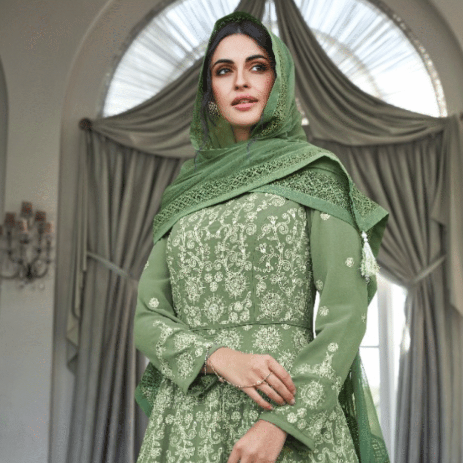 Green Designer Embroidered Anarkali Gown