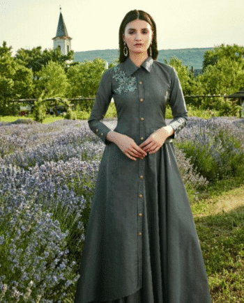 Grey Button-Down Collared Gown with Embroidered Shoulder