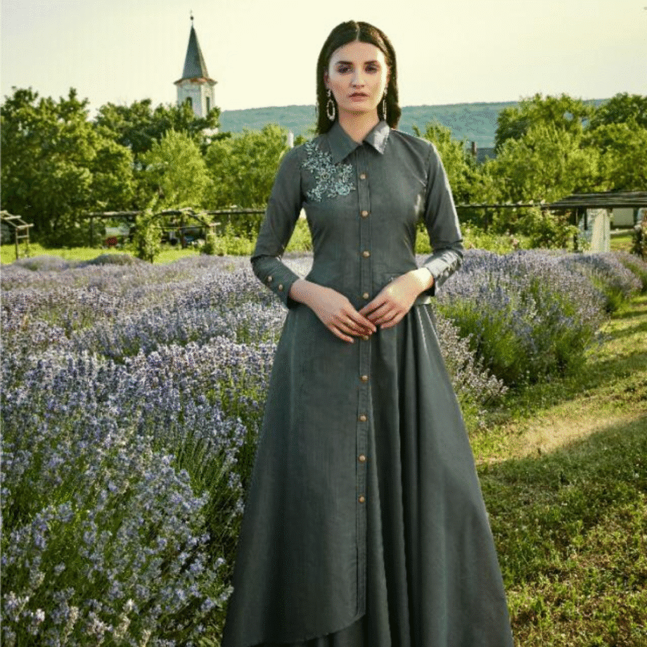 Grey Button-Down Collared Gown with Embroidered Shoulder