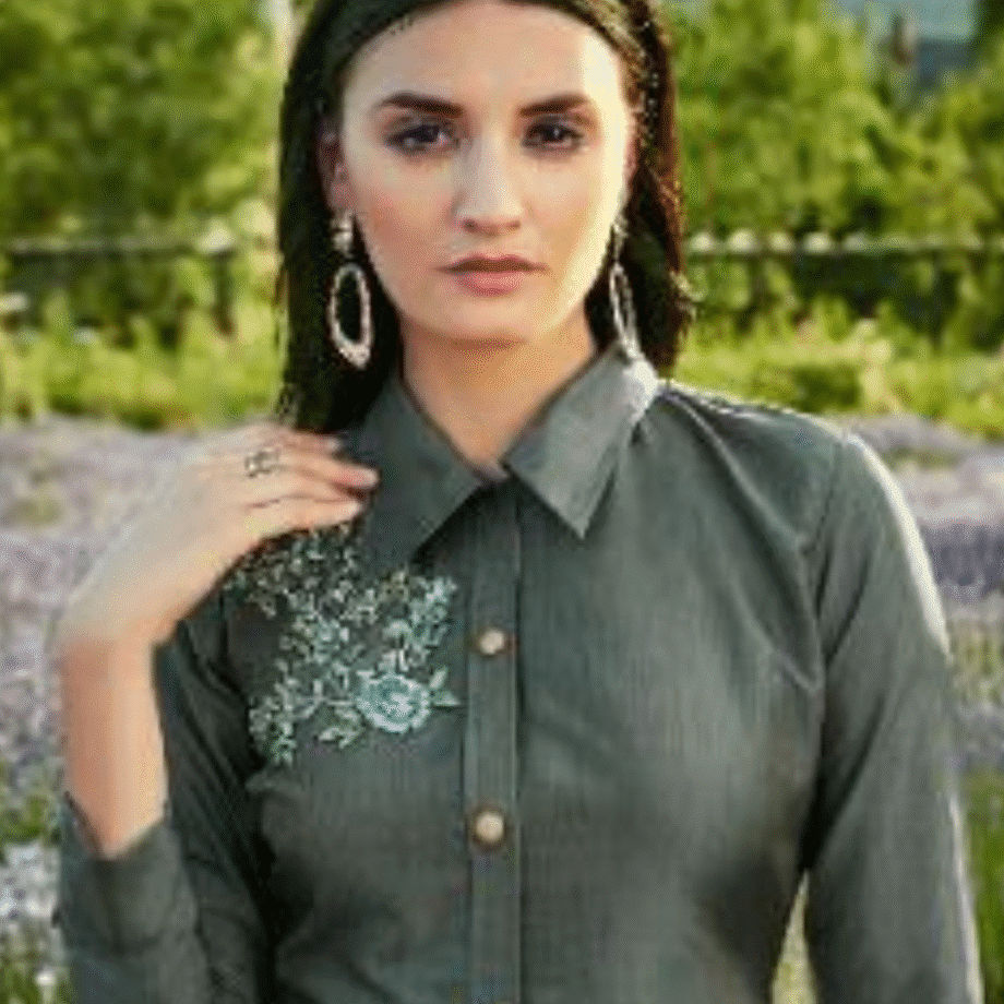 Grey Button-Down Collared Gown with Embroidered Shoulder