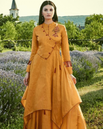 Mustard Yellow Indo-Western Asymmetric Gown