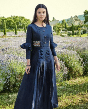 Navy Blue Pleated Gown with Embellished Waist