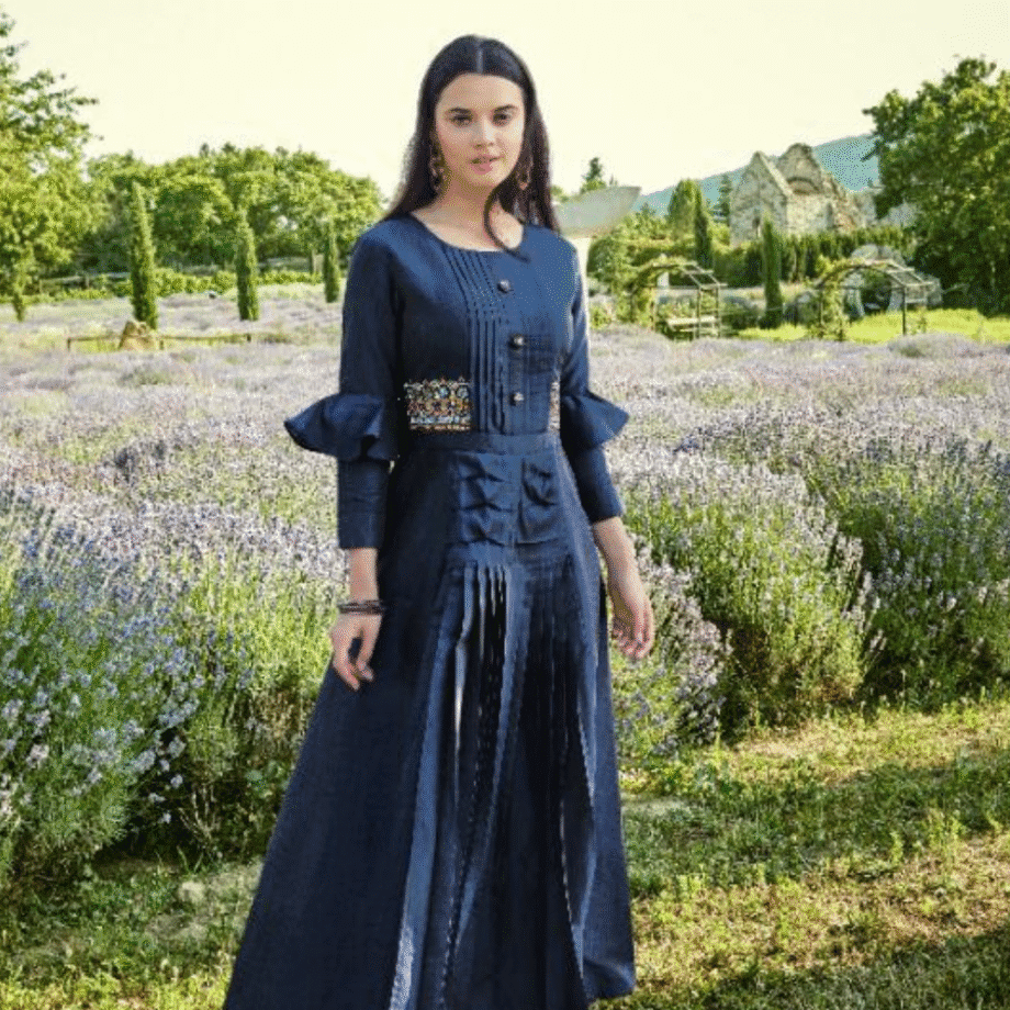Navy Blue Pleated Gown with Embellished Waist