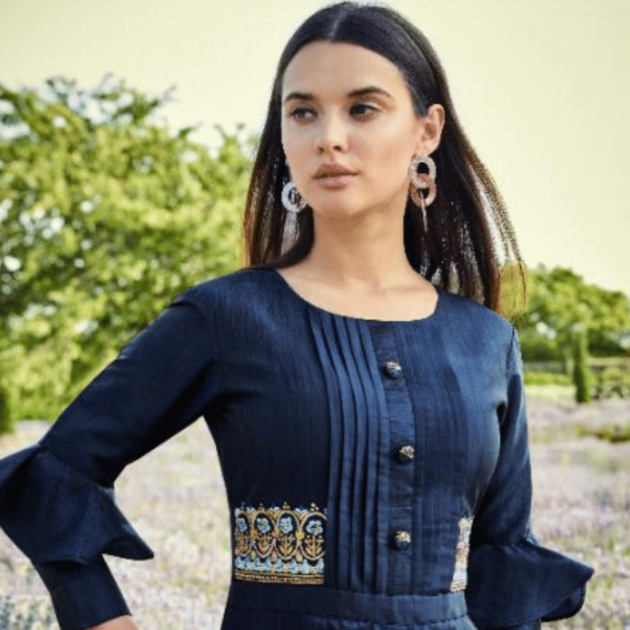 Navy Blue Pleated Gown with Embellished Waist