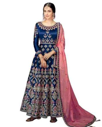 Navy Blue Embroidered Anarkali Suit with Pink Dupatta