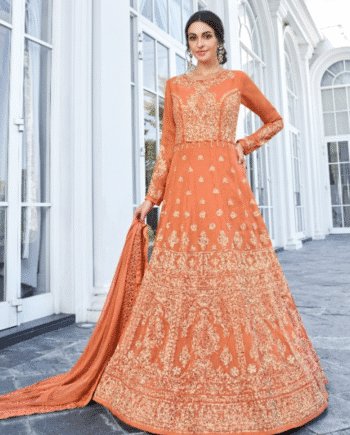 Orange Designer Embroidered Anarkali Gown