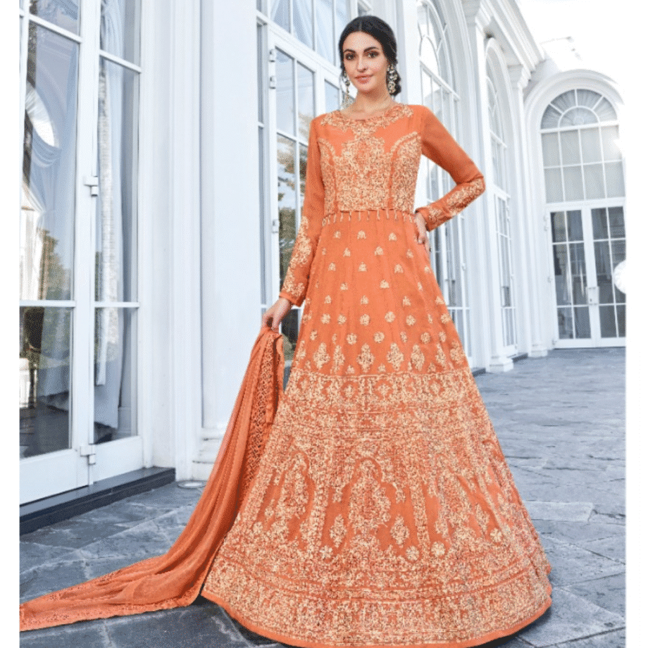 Orange Designer Embroidered Anarkali Gown