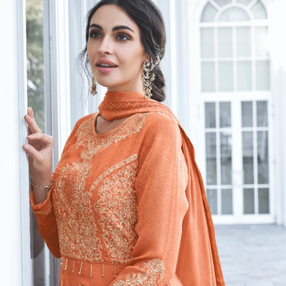 Orange Designer Embroidered Anarkali Gown