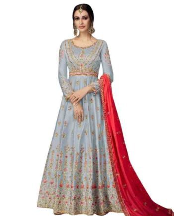 Sky Blue Embroidered Anarkali Suit with Pink Dupatta
