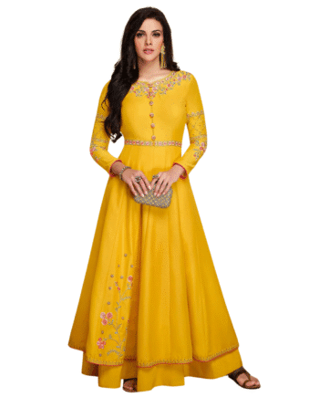 Vibrant Yellow Embroidered Long Gown for Women