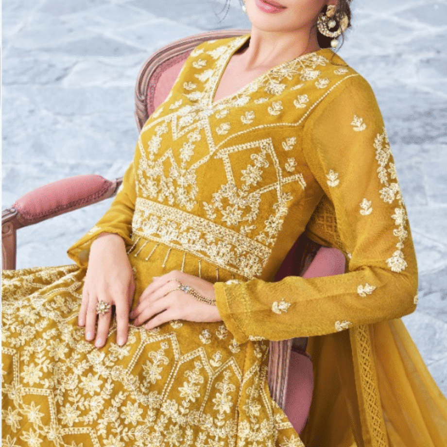 Yellow Designer Embroidered Anarkali Gown