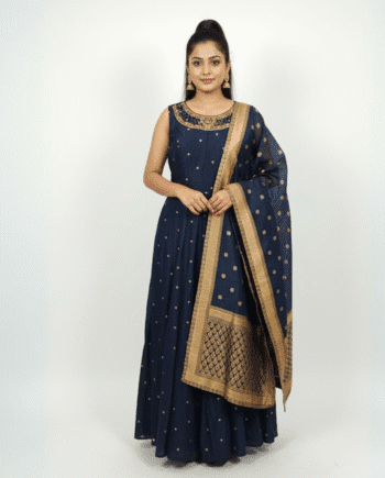 Elegant Navy Blue Embroidered Anarkali Gown with Brocade Dupatta