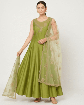 Lime Green Embroidered Silk Blend Anarkali Gown